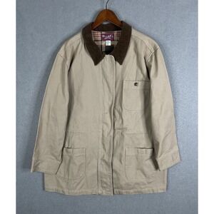 Vintage Denim & Co Barn Coat Jacket Beige Canvas Corduroy Collar Plaid Lined USA